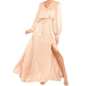 AURA Women Puff Sleeve Maxi Dress Cream Satin V-Neck Cocktail Formal Belted M
